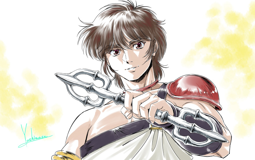 1boy, armlet, artist_name, brown_eyes, brown_hair, commentary, gold_armlet, highres