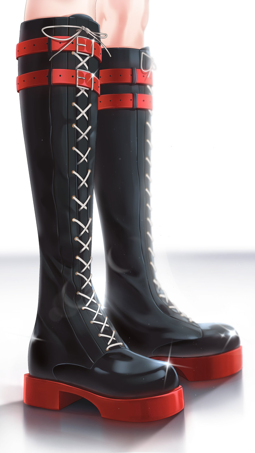 1girl, absurdres, black_boots, blurry, blurry_background, boots, footwear_focus, highres, hololive, hololive_indonesia, kaela_kovalskia, kaela_kovalskia_(4th_costume), laces, luke_s_(artist), platform_boots, solo, standing, virtual_youtuber, white_background