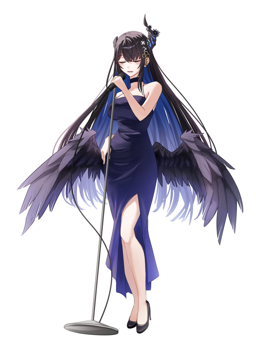 1girl, absurdres, alternate_costume, asymmetrical_horns, black_choker, black_hair, black_horns, black_wings