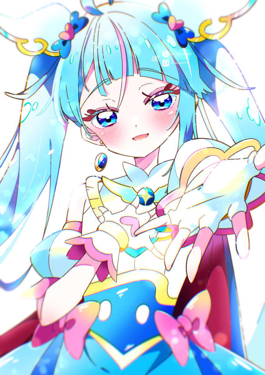 1girl, absurdres, artist_name, blue_cape, blue_dress, blue_eyes, blue_hair, bow, brooch, cape, commentary, cure_sky, cut_bangs, detached_sleeves, dress, dress_bow, earclip, earrings, fingerless_gloves, foreshortening, gloves, hair_ornament, half-closed_eyes, hand_on_own_chest, highres, hirogaru_sky!_precure, jewelry, long_hair, looking_at_viewer, magical_girl, multicolored_hair, open_mouth, pink_bow, pink_hair, pixiv_username, potacure, precure, princess, puffy_detached_sleeves, puffy_sleeves, queen, reaching, reaching_towards_viewer, red_cape, signature, single_earring, single_sidelock, sleeveless, sleeveless_dress, smile, solo, sora_harewataru, standing, streaked_hair, twintails, twitter_username, two-sided_cape, two-sided_fabric, two-tone_dress, two-tone_hair, upper_body, very_long_hair, white_dress, white_gloves, wing_brooch, wing_hair_ornament
