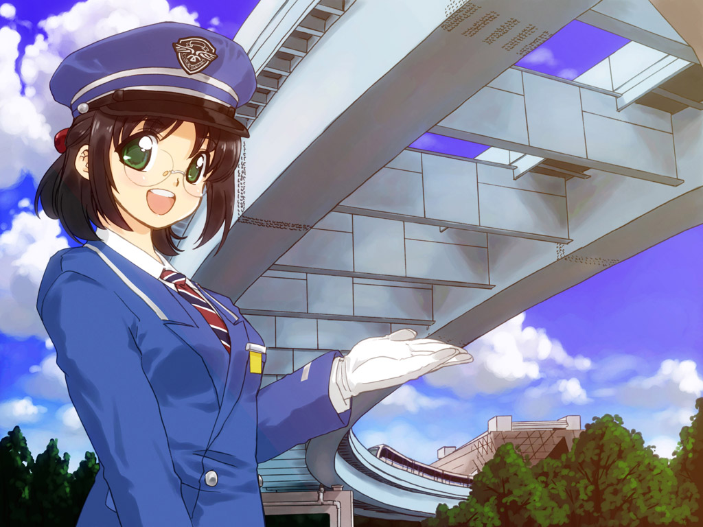 :d, black_hair, glasses, gloves, green_eyes, hat, open_mouth, railroad_tracks