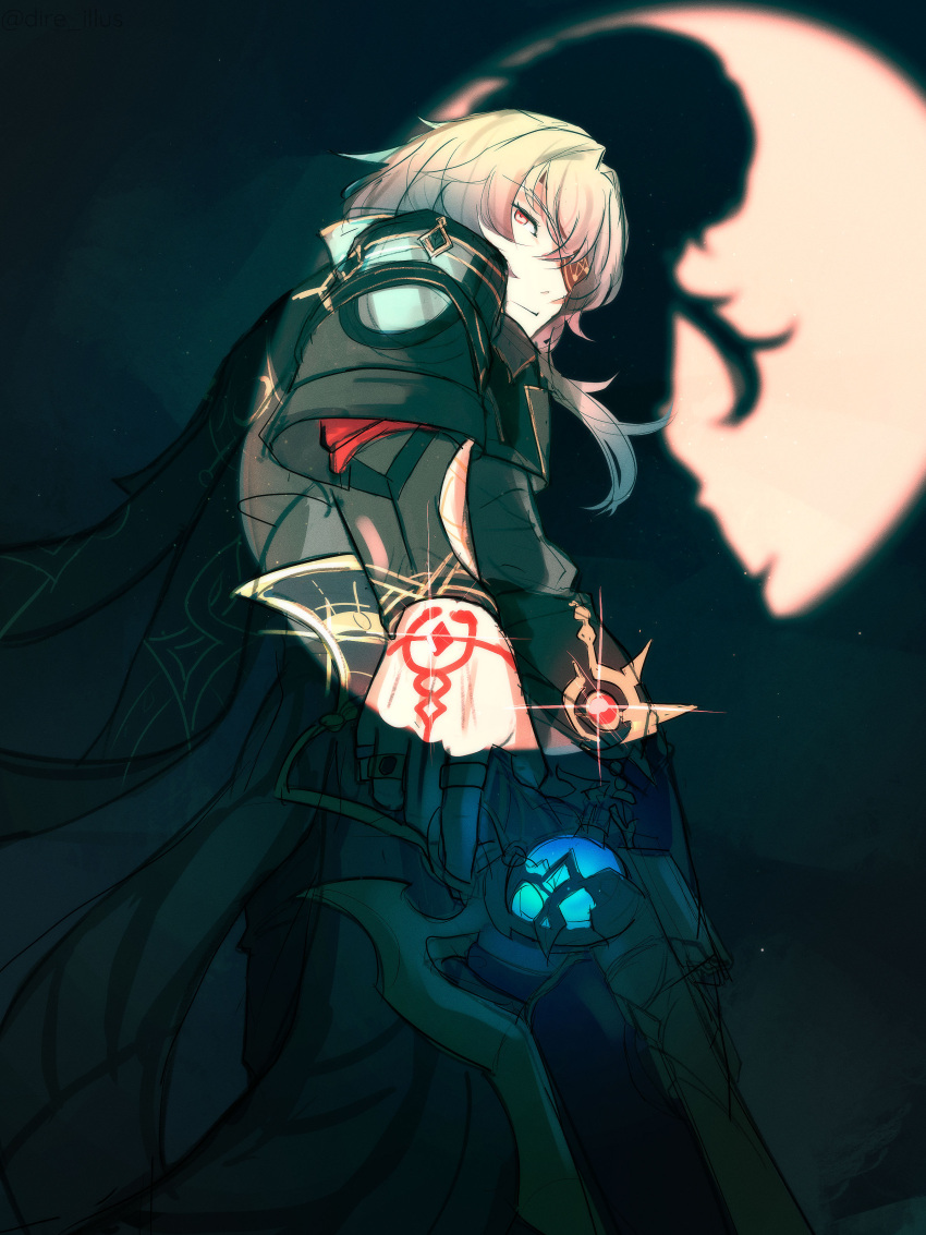 1boy, absurdres, anaxa_(honkai:_star_rail), closed_mouth, cowboy_shot, dire_illus, eyepatch, gun, highres, holding, holding_gun, holding_weapon, honkai:_star_rail, honkai_(series), jewelry, male_focus, medium_hair, multiple_rings, one_eye_covered, red_tattoo, ring, shadow, side_ponytail, solo, weapon