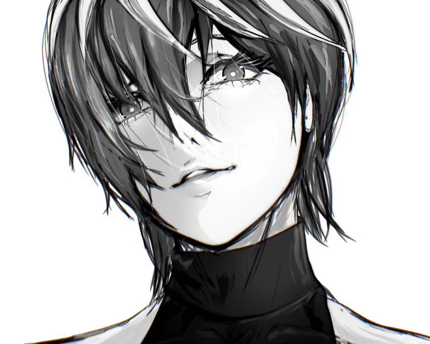1girl, choppy_bangs, close-up, esmile, hair_between_eyes, izumo_tenka, looking_at_viewer, monochrome