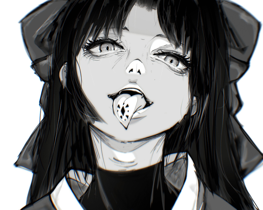 1girl, character_request, close-up, esmile, fangs, hair_between_eyes, hair_ribbon, looking_at_viewer