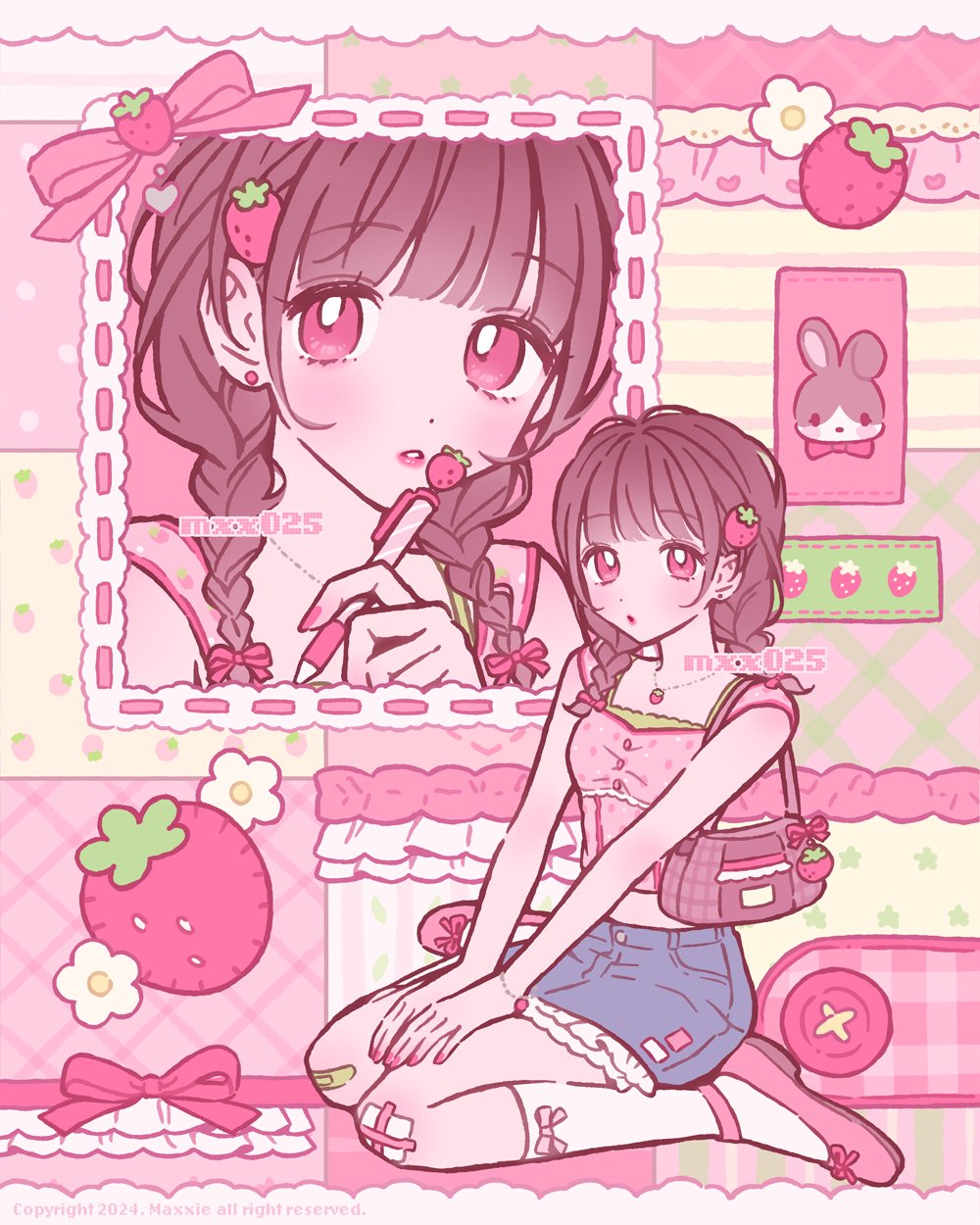 1girl, bag, bandaid, bandaid_on_leg, blue_skirt, bow, braid, brown_hair, camisole, commentary_request, denim, denim_skirt, fashion, food, food-themed_hair_ornament, frilled_skirt, frills, fruit, hair_ornament, handbag, heisei_retro, highres, inset, korean_commentary, lace, long_hair, low_twin_braids, midriff, multiple_views, mxx025, original, pen, pink_bow, pink_camisole, pink_ribbon, pink_shoes, rabbit, red_eyes, ribbon, shoes, sitting, skirt, socks, solo_focus, strawberry, strawberry_hair_ornament, strawberry_necklace, twin_braids, wariza, watermark, white_socks