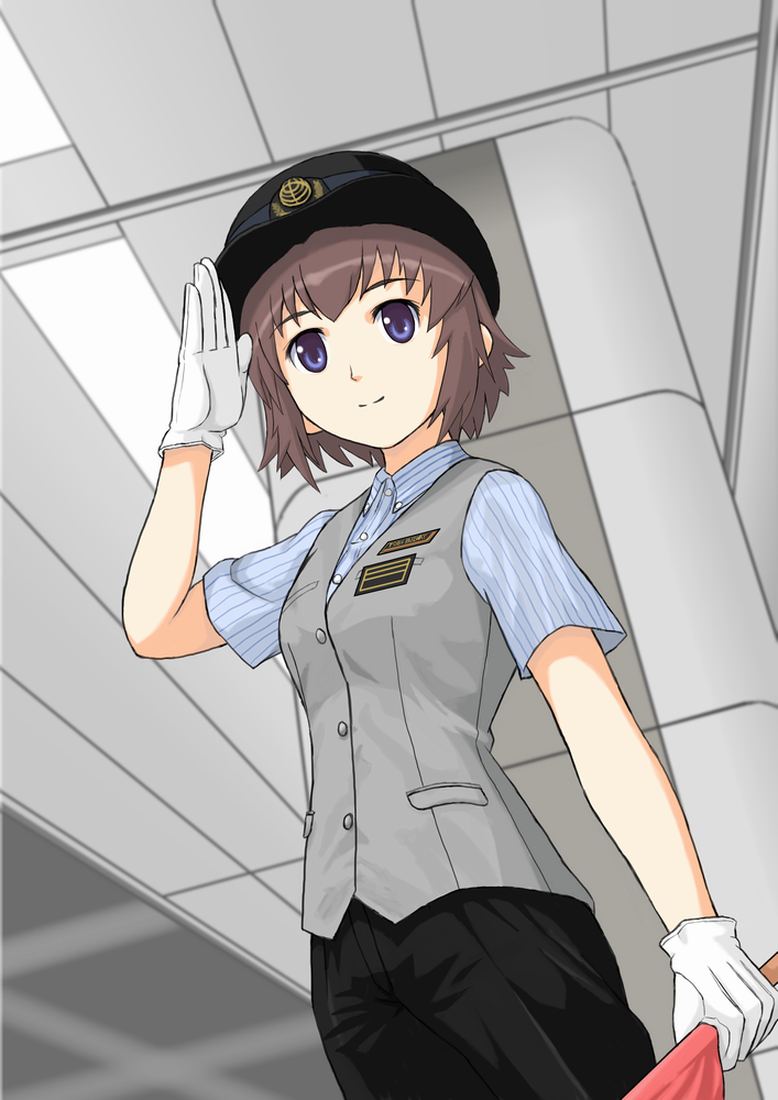 gloves, hat, kurihashi_minami, salute, smile, tetsudou_musume, tokka, train_station