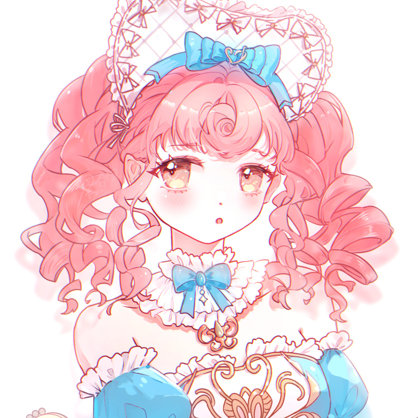 1girl, :o, argyle_bonnet, bare_shoulders, blue_bow, blue_bowtie, blue_dress, blue_sleeves
