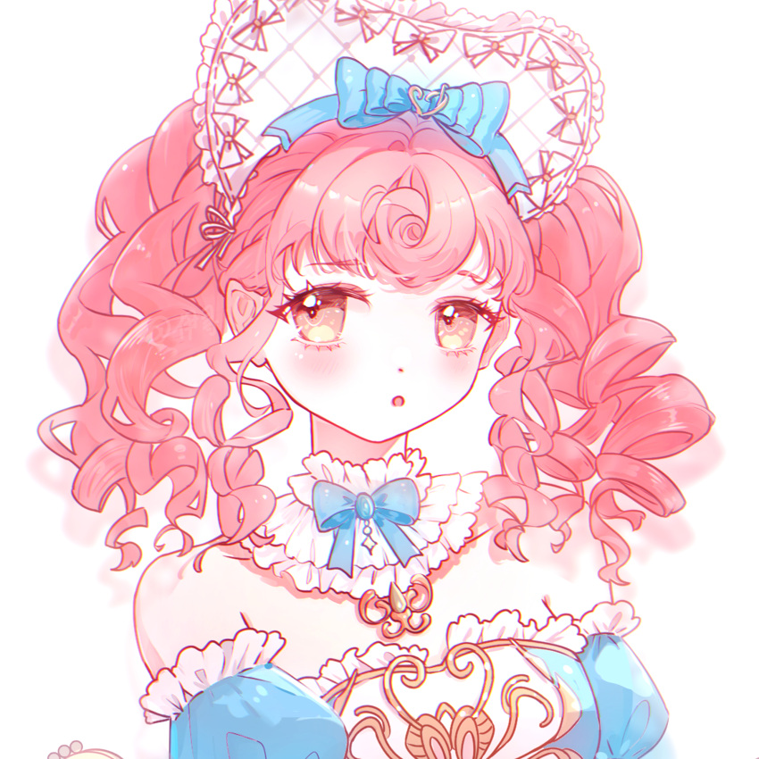 1girl, :o, argyle_bonnet, bare_shoulders, blue_bow, blue_bowtie, blue_dress, blue_sleeves