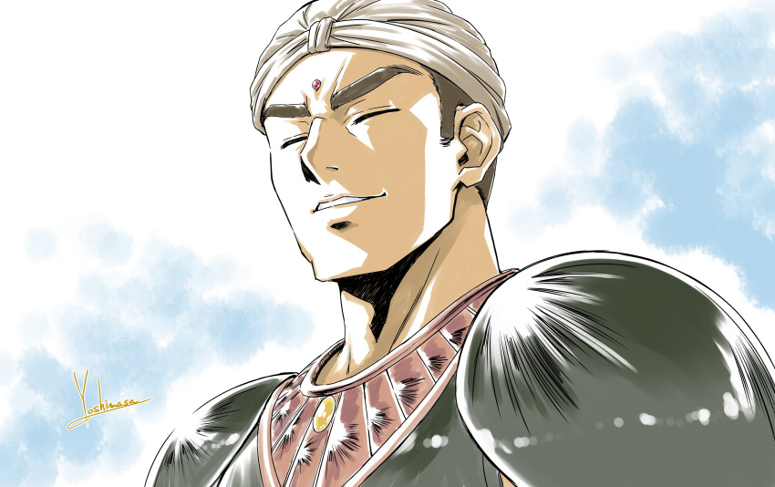 1boy, absurdres, armor, artist_name, bindi, black_armor, breastplate, brown_hair