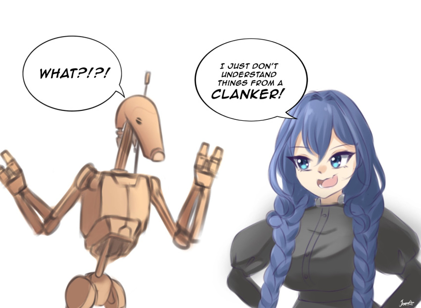 1girl, b1_battle_droid, black_dress, blue_eyes, blue_hair, braid, dress, droid