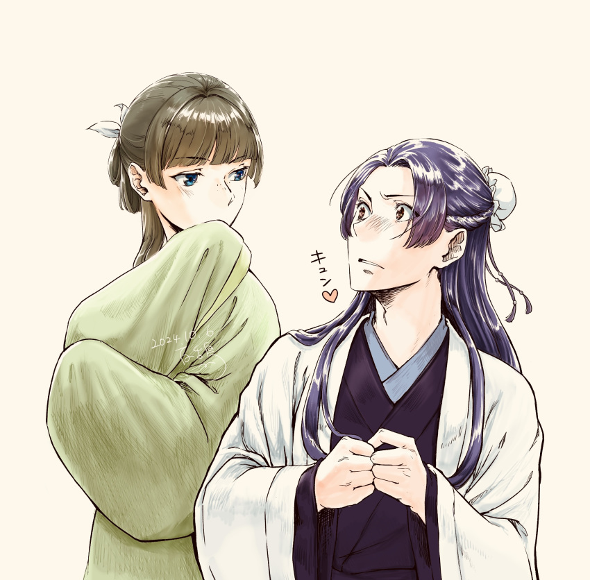 1boy, 1girl, blue_eyes, blush, bow, brown_eyes, chinese_clothes, dated