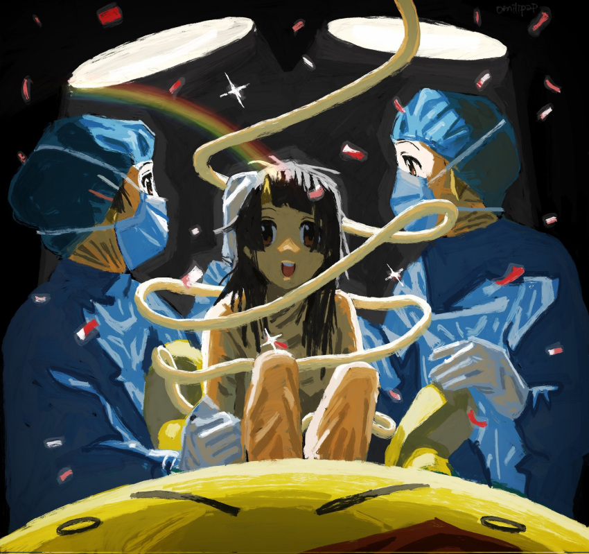 3others, alternate_costume, animegao, black_background, black_hair, brown_eyes, caesarean_section, commentary