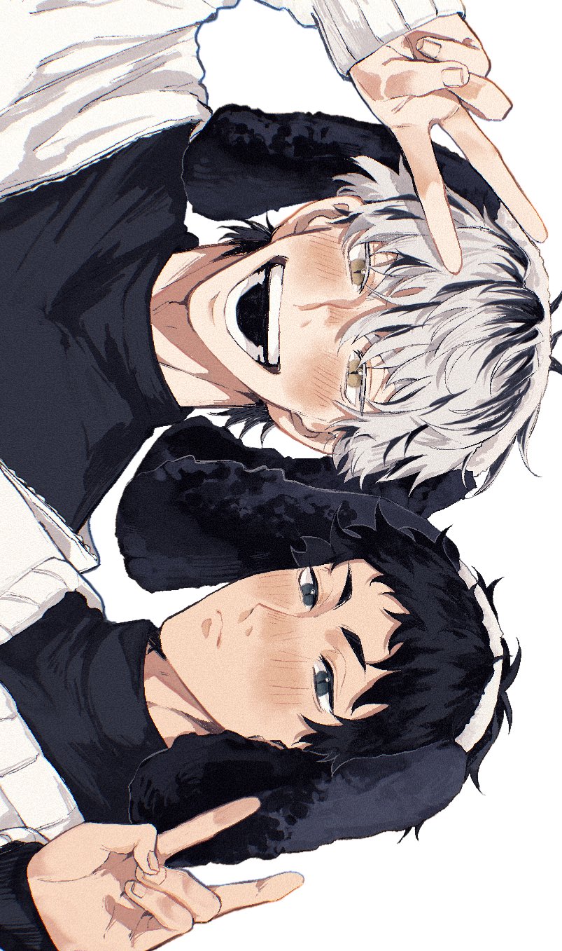 2boys, akaashi_keiji, animal_ears, black_eyes, black_hair, black_shirt, blush, bokuto_koutarou, closed_mouth, fake_animal_ears, haikyuu!!, highres, looking_at_viewer, male_focus, multicolored_hair, multiple_boys, open_mouth, shirt, short_hair, sideways, simple_background, slit_pupils, smile, streaked_hair, teeth, two-tone_hair, v, wansan_hq, white_background, yellow_eyes