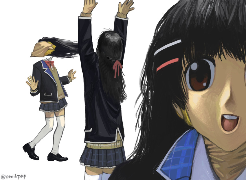1other, animegao, arms_up, black_hair, black_jacket, blue_skirt, bow, bowtie