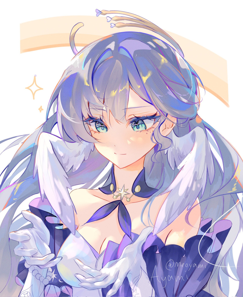1girl, collar, dress, face_jewel, gloves, halo, halo_behind_head, head_wings, highres, honkai:_star_rail, honkai_(series), jewel_under_eye, meoyami, purple_collar, purple_dress, purple_sleeves, robin_(honkai:_star_rail), solo, two-tone_dress, white_gloves, white_wings, wings