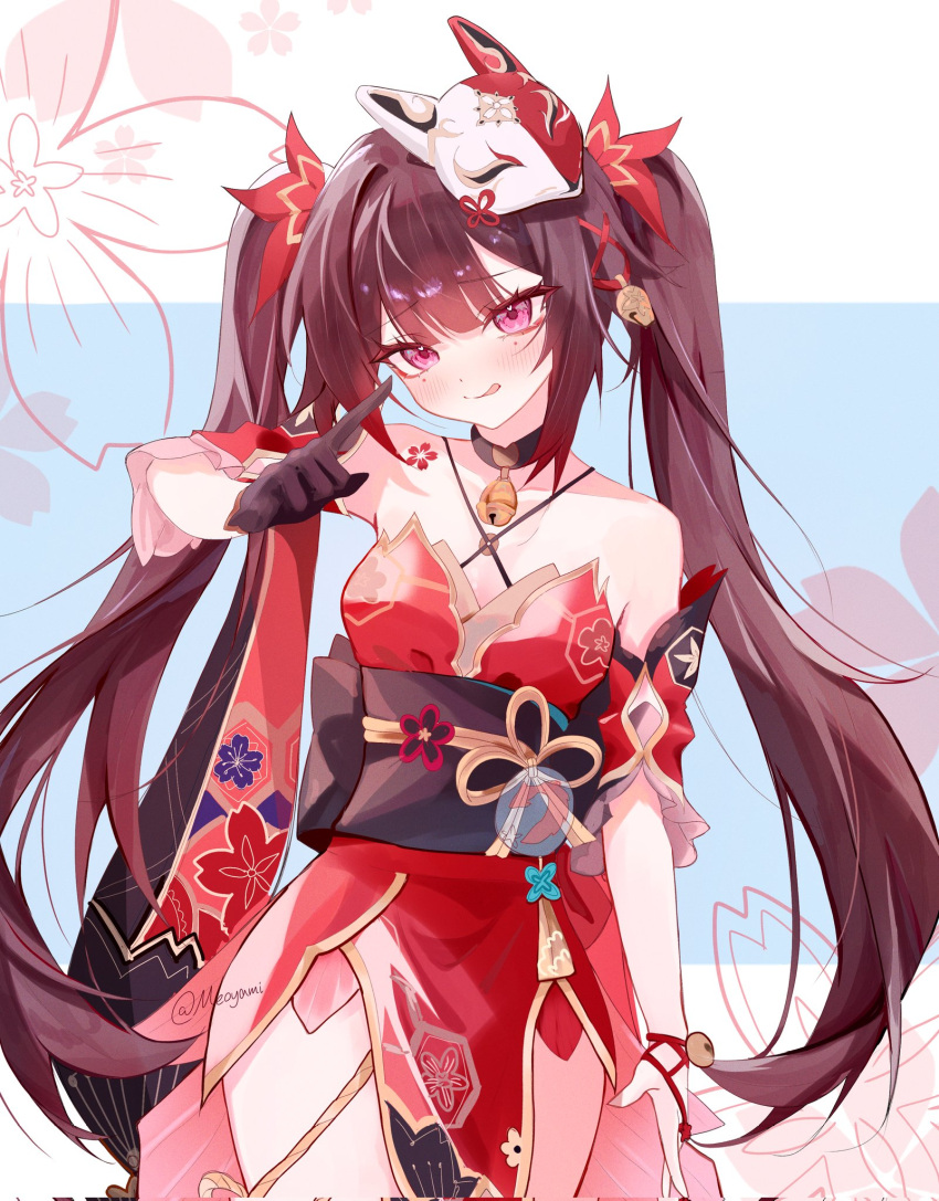 1girl, bell, black_choker, black_sash, choker, dress, flower_tattoo, fox_mask, gloves, highres, honkai:_star_rail, honkai_(series), mark_under_both_eyes, mask, mask_on_head, meoyami, neck_bell, red_dress, red_sleeves, sash, single_glove, solo, sparkle_(honkai:_star_rail), tattoo, twintails