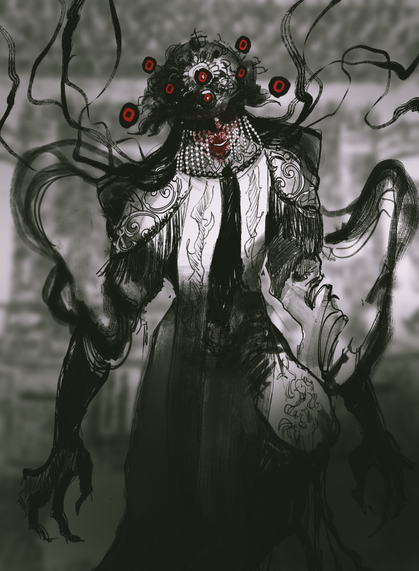 1boy, absurdres, beads, blurry, blurry_background, claws, colored_skin, covered_eyes