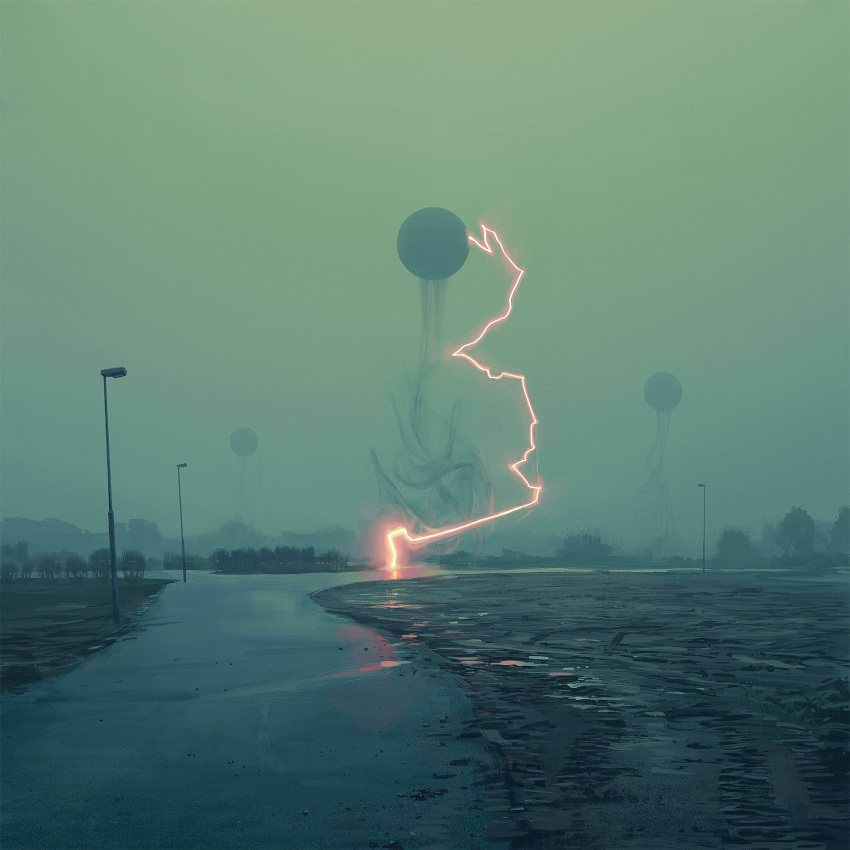 bush, electricity, haze, highres, lamppost, no_humans, orb, outdoors