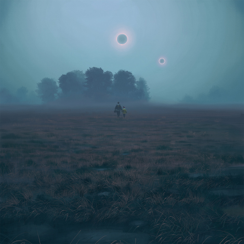 1boy, 1other, black_jacket, child, coat, grass, haze, highres