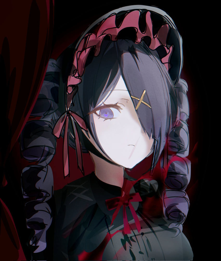 1girl, ame-chan_(needy_girl_overdose), black_dress, black_hair, curtains, dress, drill_hair, expressionless, gothic_lolita, hair_ornament, hair_over_one_eye, hair_ribbon, highres, jurururu0024, lolita_fashion, looking_at_viewer, maid_headdress, neck_ribbon, needy_girl_overdose, portrait, ribbon, solo, twin_drills, violet_eyes, x_hair_ornament