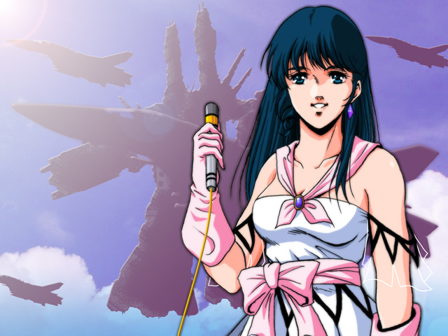 airplane, black_hair, blue_eyes, choujikuu_yousai_macross, cloud, clouds, dress, flying