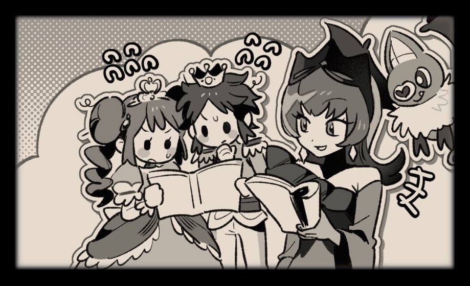 1920s_(style), 1boy, 1brad, 2girls, :d, bellelba_(pokemon), black_border, book