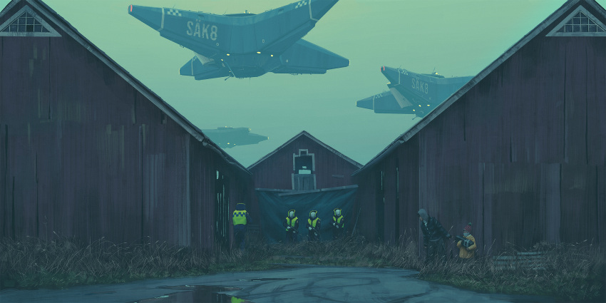1other, 4boys, barn, black_jacket, child, coat, floating, grass, gun, haze, helmet, high-visibility_clothing, high-visibility_vest, highres, hood, hood_up, jacket, leather, leather_jacket, military_vehicle, multiple_boys, outdoors, science_fiction, simon_stalenhag, the_labyrinth, weapon