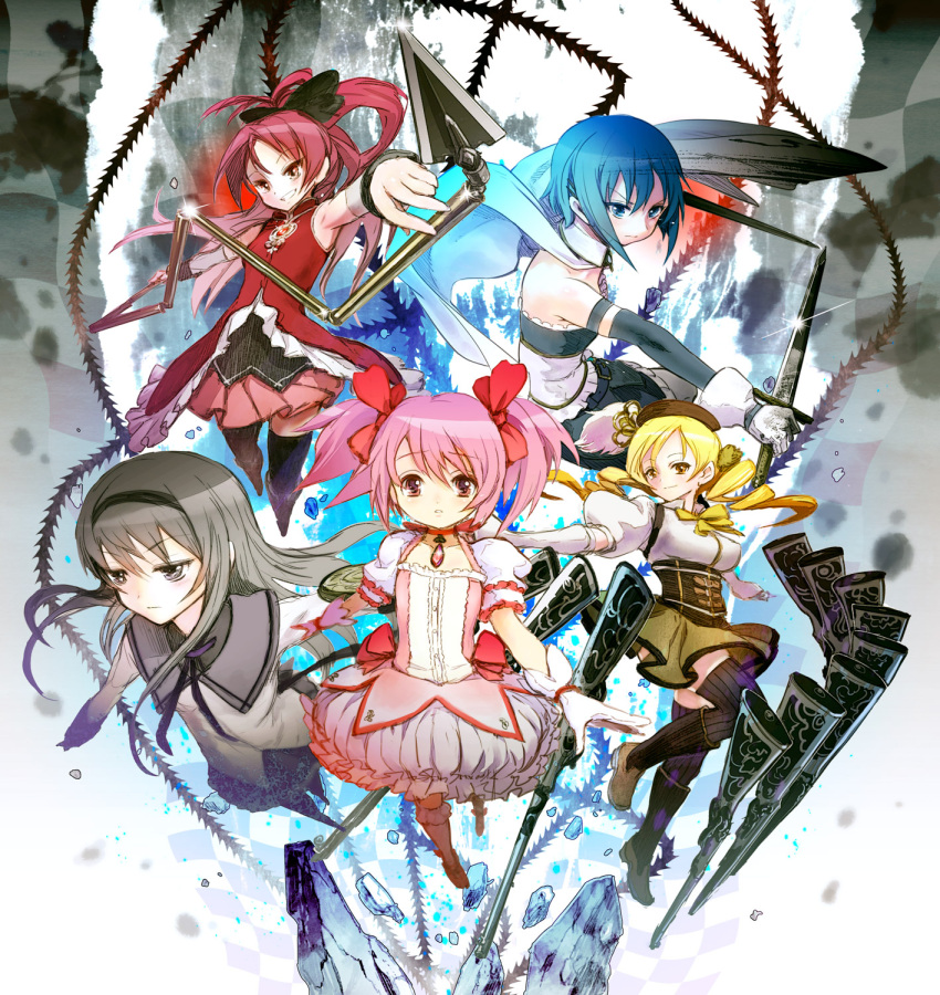 akemi_homura, bad_id, bubble_skirt, gun, highres, kaname_madoka, magical_girl, magical_musket, mahou_shoujo_madoka_magica, miki_sayaka, multiple_girls, nagasawa_shin, pantyhose, polearm, rifle, sakura_kyouko, spear, sword, thighhighs, thorns, tomoe_mami, weapon