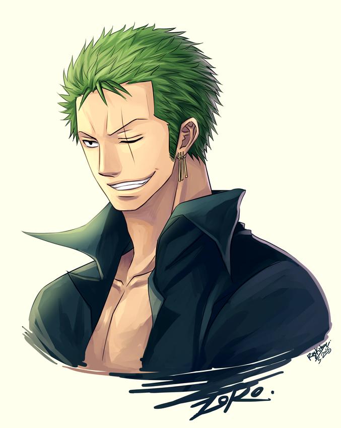 1boy, character_name, clenched_teeth, collar, commentary, earrings, green_hair, jewelry