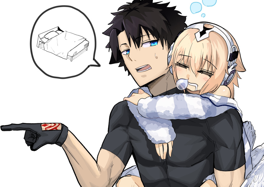 1boy, 1girl, absurdres, angel_wings, bed, black_gloves, black_hair, blonde_hair