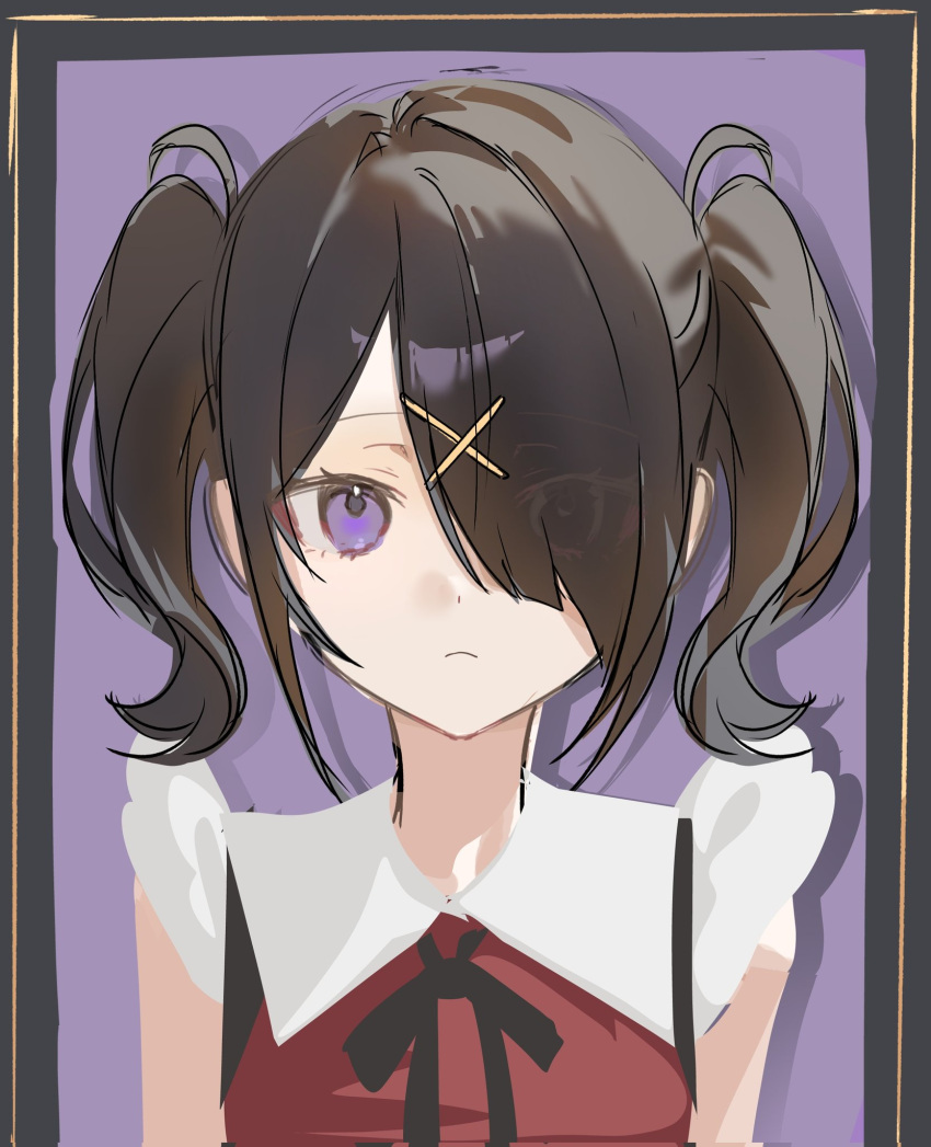 1girl, ame-chan_(needy_girl_overdose), border, frown, hair_ornament, hair_over_one_eye, highres, jurururu0024