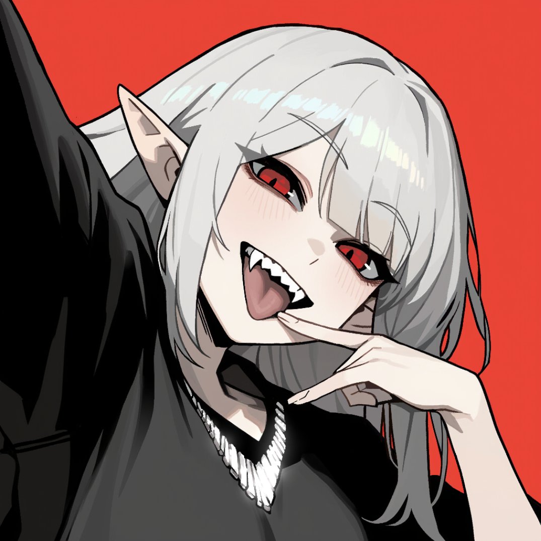1girl, black_shirt, blush, fangs, long_hair, open_mouth, original, pointy_ears, red_background, red_eyes, rusellunt, shirt, simple_background, smile, solo, tongue, tongue_out, upper_body, vampire, white_hair