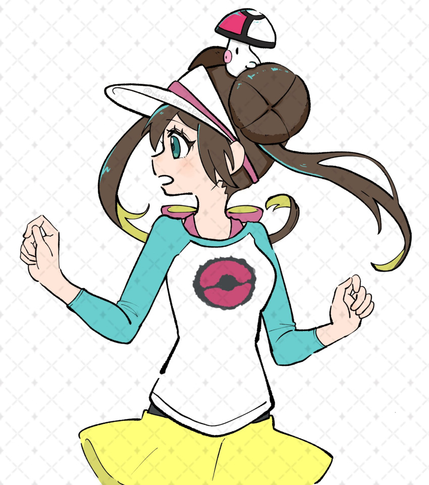 1girl, :o, blue_eyes, brown_hair, double_bun, foongus, hair_bun, highres, long_hair, looking_to_the_side, mochi_okomekome, on_head, open_mouth, pokemon, pokemon_(creature), pokemon_adventures, pokemon_on_head, rosa_(pokemon), shirt, shorts, three-quarter_sleeves, twintails, twitter_username, upper_body, visor_cap, yellow_shorts
