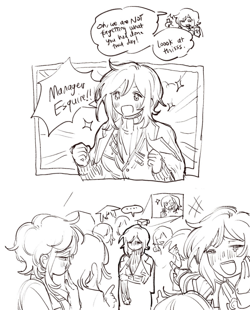 6+girls, apron, blush, body_switch, clenched_hands, coat, coat_on_shoulders, don_quixote_(project_moon)