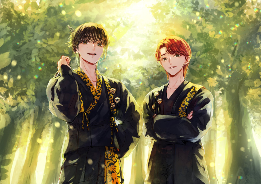 2boys, black_hair, blunt_bangs, brown_hair, cowboy_shot, crossed_arms, forest, hair_bun