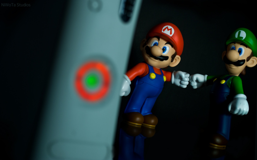 blue_eyes, brown_hair, fist_bump, gloves, hat, highres, luigi, mario, mustache, overalls, red_ring_of_death, super_mario_bros., xbox_360