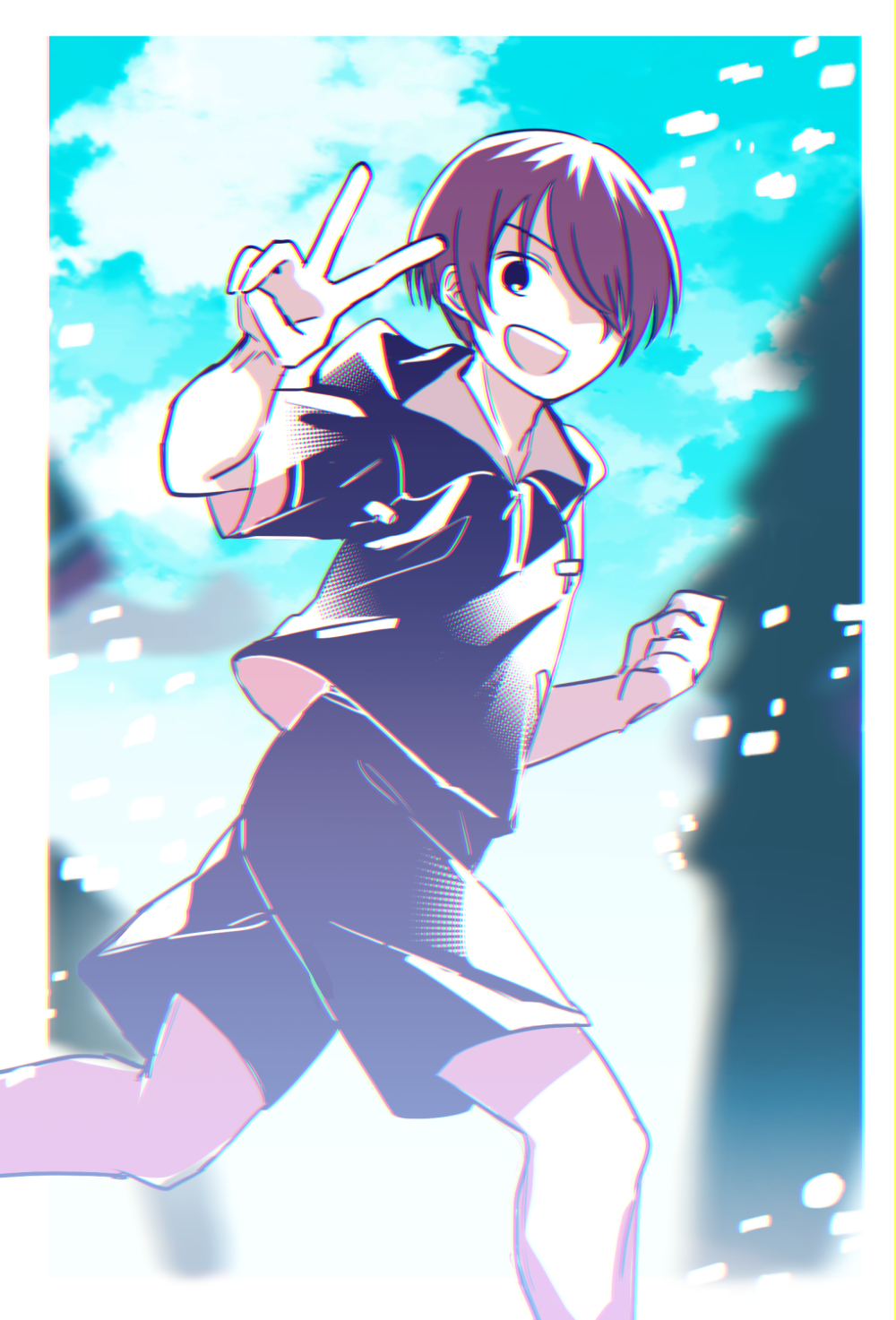 1boy, :d, black_eyes, blue_sky, blurry, blurry_background, border, chromatic_aberration