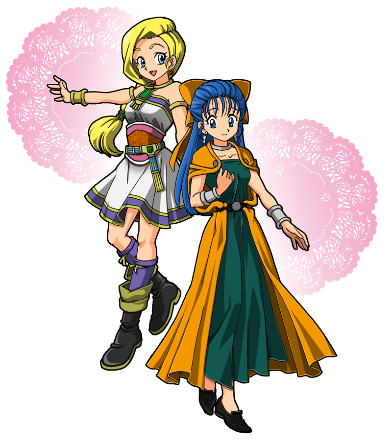 adapted_costume, bianca, bianca_(cosplay), blonde_hair, blue_eyes, blue_hair, boots, bow, braid, cape, choker, cosplay, costume_switch, dragon_quest, dragon_quest_v, dress, earrings, flora, flora_(cosplay), hair_bow, jewelry, long_hair, multiple_girls, nika_(20090103-sta), single_braid, skirt, smile