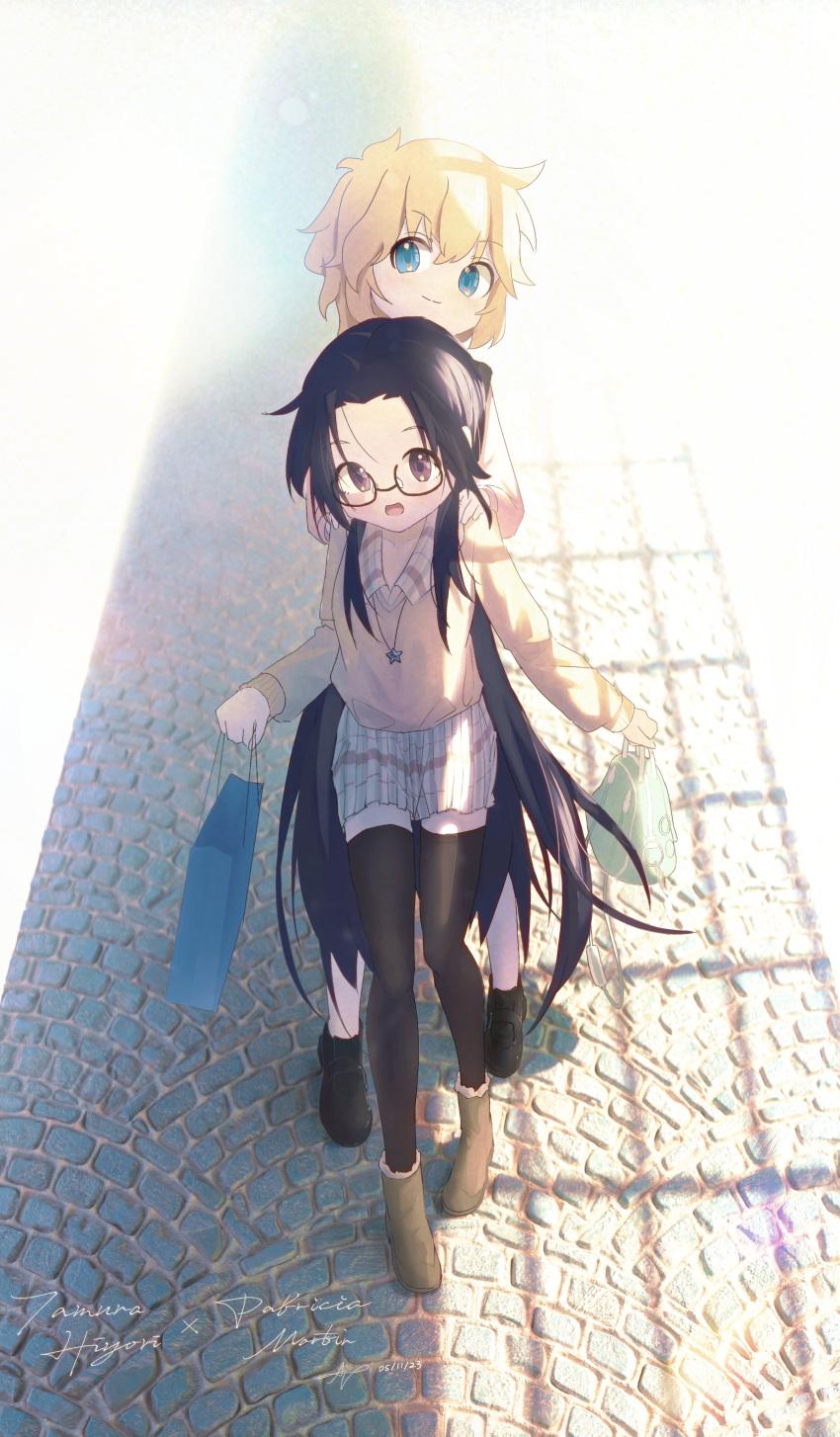 2girls, absurdres, ap04astral, bag, black-framed_eyewear, black_hair, black_shoes, black_thighhighs