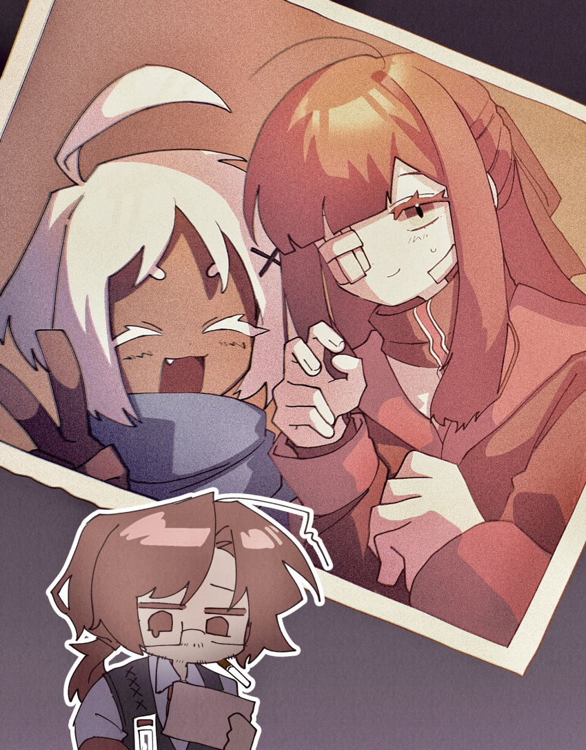 ahoge, aya_(project_moon), blue_scarf, brown_eyes, brown_hair, closed_mouth, dark-skinned_female, dark_skin