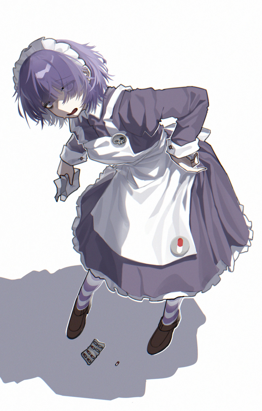 1girl, absurdres, apron, blister_pack, brown_shoes, collared_dress, commentary_request, dress
