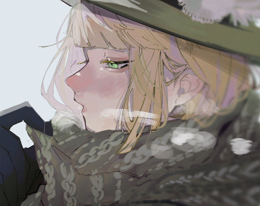 1boy, adjusting_scarf, aegyo_sal, black_gloves, blonde_hair, blunt_bangs, blush, breath