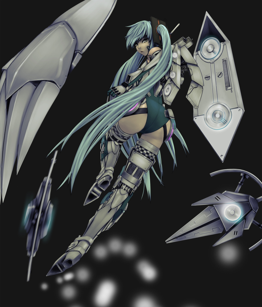 aqua_hair, hatsune_miku, highres, leotard, long_hair, looking_back, robot_arms, robot_joints