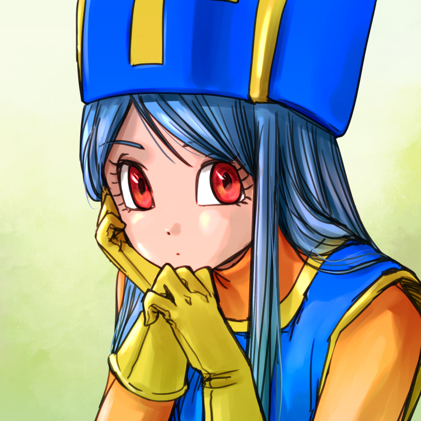 1girl, blue_hair, blue_hat, blue_tabard, bodysuit, commentary_request, dragon_quest, dragon_quest_iii