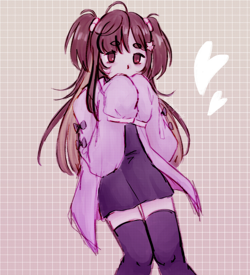 1girl, absurdres, aegyo_sal, antonyansu, black_dress, black_thighhighs, bow, brown_eyes