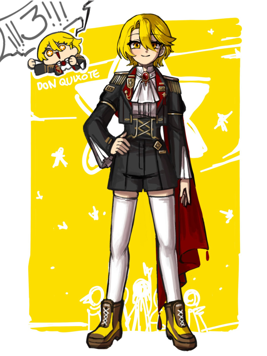 1girl, alternate_costume, ascot, black_corset, black_jacket, black_shorts, blonde_hair, border