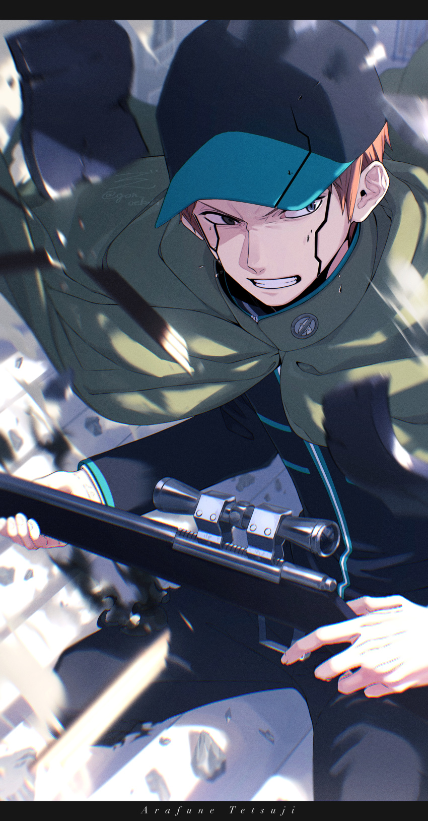 1boy, absurdres, arafune_tetsuji, black_jacket, black_pants, clenched_teeth, cloak, gon_oekaki