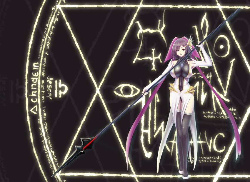 1girl, bangs, bare_shoulders, black_legwear, breasts, cosplay, detached_sleeves, dress, hair_ornament, hair_ribbon, hairclip, highres, holding, huge_weapon, impossible_clothes, impossible_clothing, impossible_dress, jewelry, kagano_ai, kagano_ai_(cosplay), kagano_megu, kagano_megu_(cosplay), kaname_junko, large_breasts, looking_at_viewer, magic_circle, magical_girl, mahou_shoujo_ai, mahou_shoujo_ai_2, mahou_shoujo_madoka_magica, necklace, pendant, polearm, purple_eyes, purple_hair, ribbon, shiny, shiny_clothes, shoes, short_hair, skin_tight, smile, solo, spear, standing, teresa007, thigh_gap, thighhighs, thighs, turtleneck, violet_eyes, weapon, wide_hips