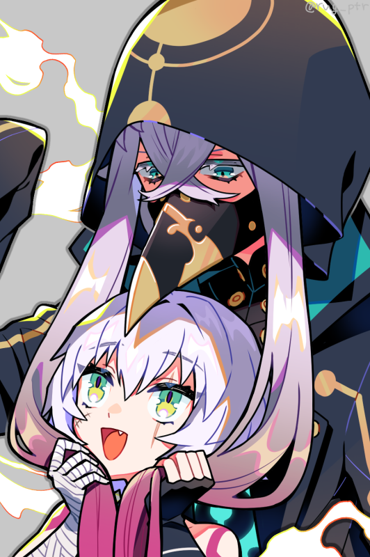 1boy, 1girl, :d, asclepius_(fate), bandaged_arm, bandages, bare_shoulders, black_gloves