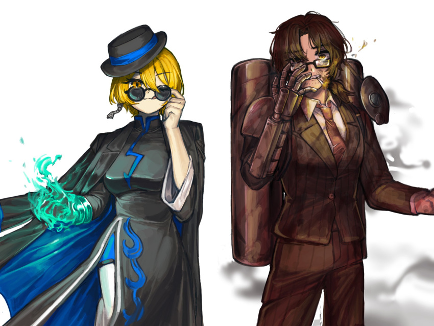 1boy, 1girl, beard_stubble, black_coat, black_dress, black_hat, blonde_hair, breasts